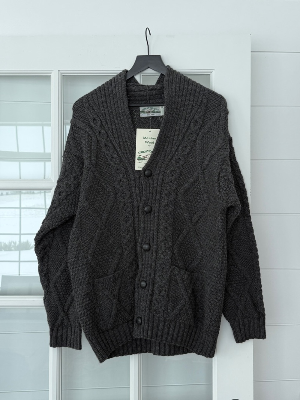 Aran Crafts Shawl Collar Cable Cardigan in Charcoal